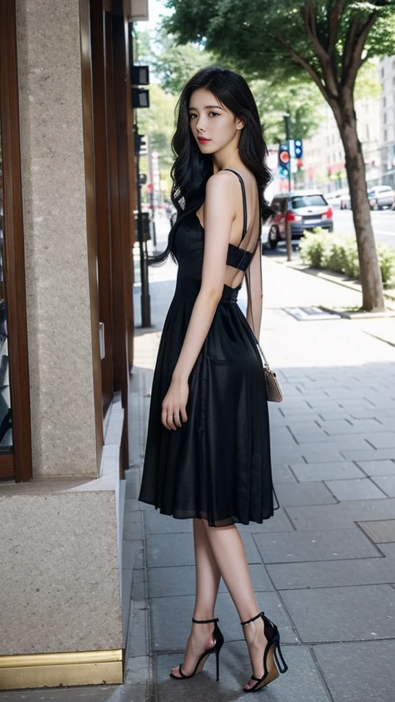 summer，18 years old plump girl，Clear facial features，Exquisite makeup，（Tight suspender skirt，Skinny hip wrap dress，High-heeled sandals：1.3），Big breasts，Thin waist and thick hips，City Streets，Full body photos from all angles，Fashion