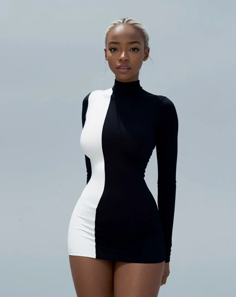 Blank studio background, (Beautiful girl, Yara Shahidi, KIKI Layne, Kylie Jenner, Maitreyi Ramakrishnan, young Jessica Alba), Wearing tight white and black cotton-Lycra-fabric long sleeve mini dress, round breasts, (HDR, 8K, perfect lighting, vivid, vibrant, detailed: 1.4), (hyper realistic, movie graphics)