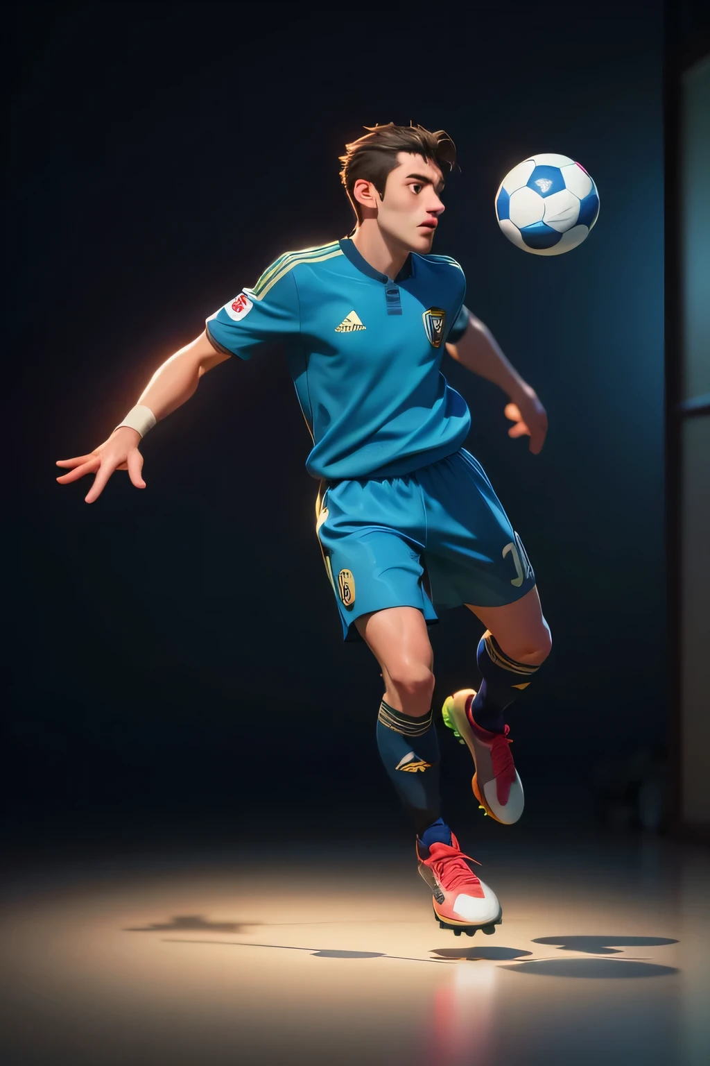 RAW photo, 8k uhd, masterpiece, (photorealistic:1.4), best quality, beautiful lighting, 3D Art, C4D, OC render, Brenner, (full body:1.5),a man, professional soccer player, sports shorts, half socks, soccer shoes, soccer ball, kicking jump pose, lively, handsome,