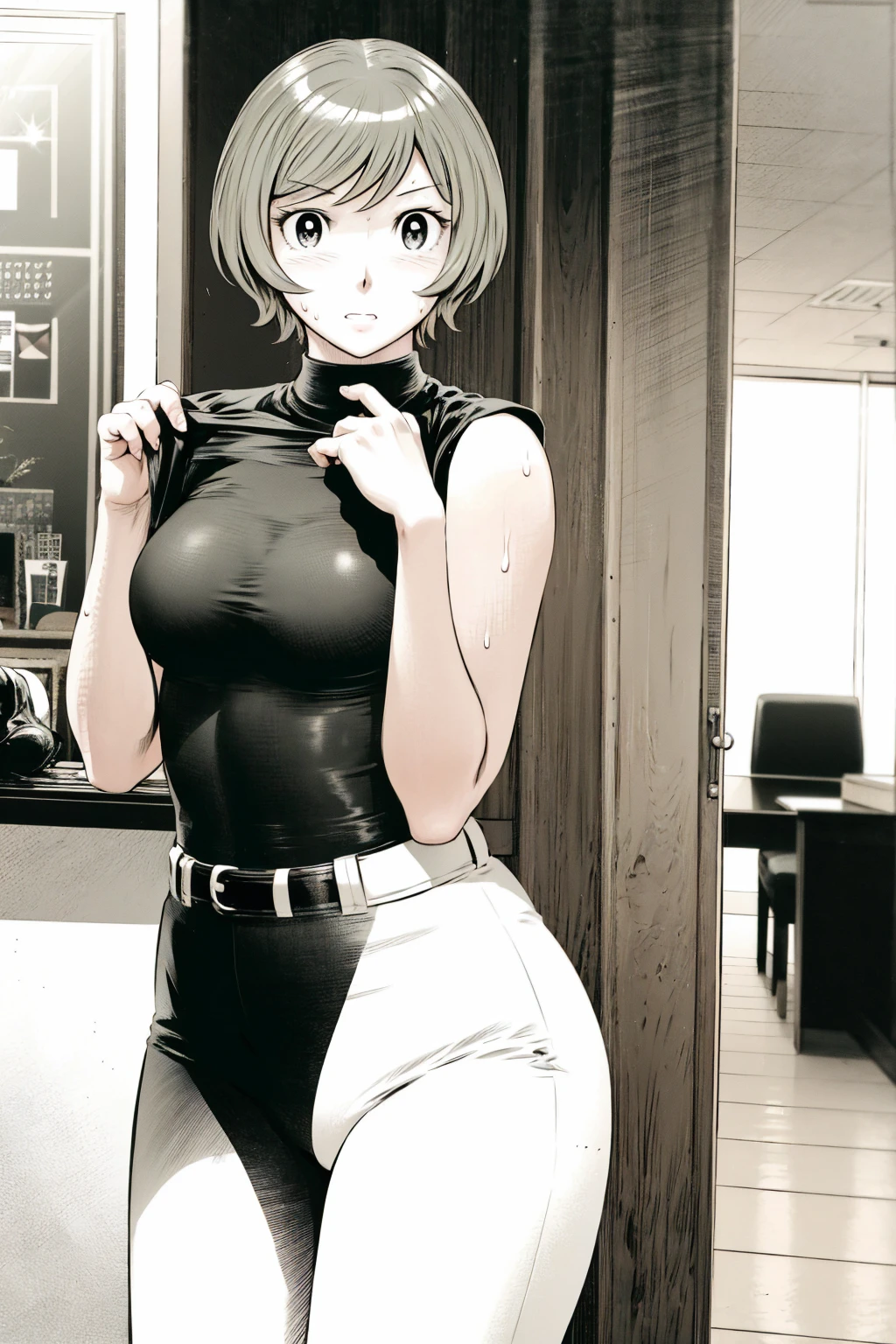 、(masterpiece、Highest quality)、Highest quality, Ultra-high resolution, (((masterpiece))), alone, Sweat、Big eyes,Tight black shirt、Tight white pants、belt、indoor、Composition from the front、(Cut the back hair short、short hair、blonde、woman)、Shortcuts、Embarrassed face、Cut your hair short、可愛いwomanの子、Big Breasts、office