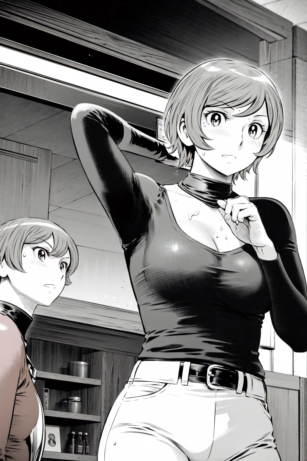 、(masterpiece、Highest quality)、Highest quality, Ultra-high resolution, (((masterpiece))), alone, Sweat、Big eyes,Tight black shirt、Tight white pants、belt、indoor、Composition from the front、(Cut the back hair short、short hair、blonde、woman)、Shortcuts、Embarrassed face、Cut your hair short、可愛いwomanの子、Big Breasts、office