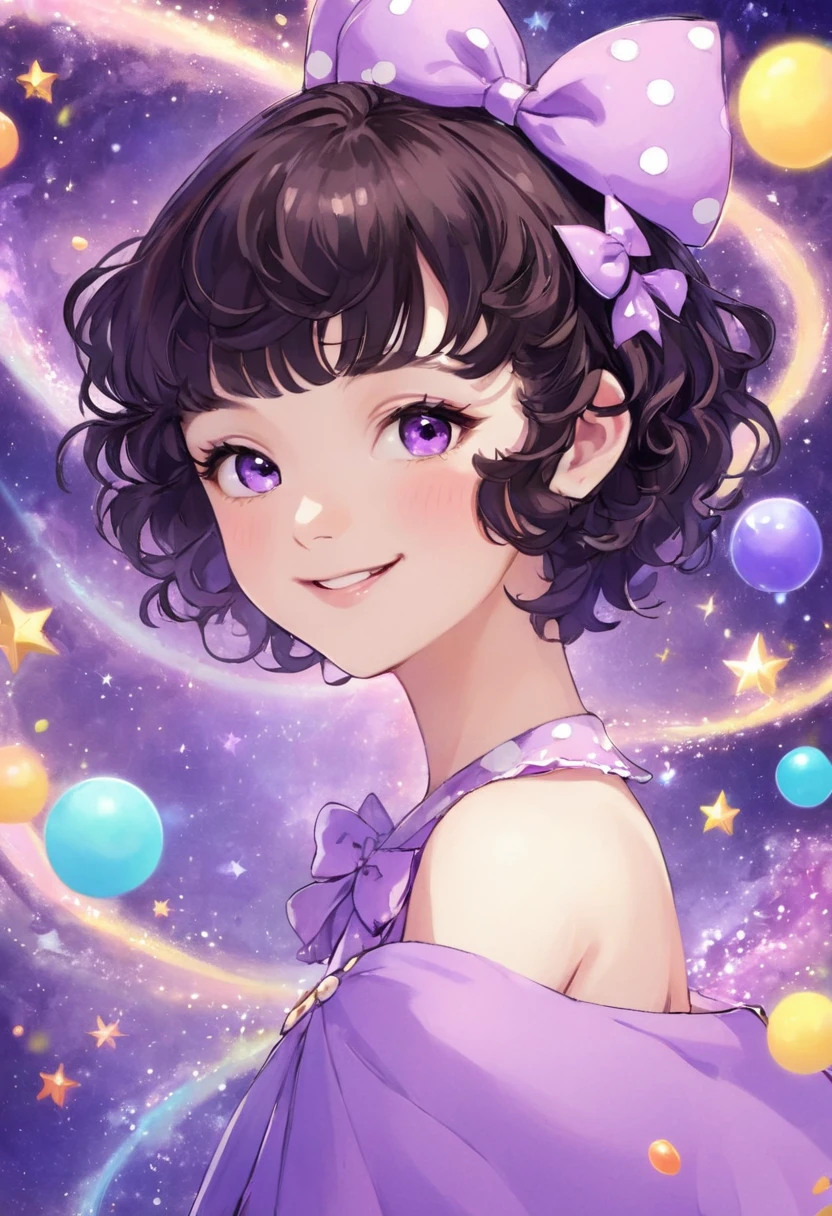 ((work of art)), (best qualityer),, offcial art, Kizi, short hair with curly bangs, curls, smiling, fly away, glad, pretty, bow, Caucasian skin, skin fair, adolescent, magica, mystical, magical world, bts, Bangtan, galaxy, spots on the face, little Princess, magica, light purple, young almost adult.
