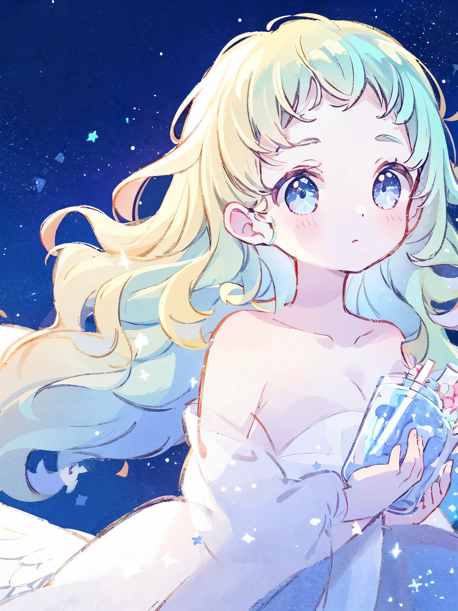 nude angel girl wearing an ethereal translucent dress, pale skin, ((blue mint wavy hair)), white feathers, angel wings, sparkling detailed eyes, golden ratio face, perfect composition, highly detailed, ethereal, (starry night sky background), midjourney style