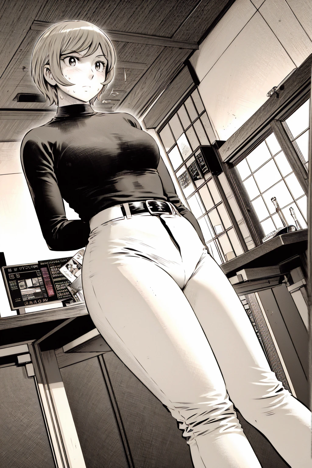 、(masterpiece、Highest quality)、Highest quality, Ultra-high resolution, (((masterpiece))), alone, Sweat、Big eyes,Tight black shirt、Tight white pants、belt、indoor、Composition from the front、（Cut the back hair short、short hair、blonde、woman）、Shortcuts、Embarrassed face、Cut your hair short、可愛いwomanの子、Big Breasts、office