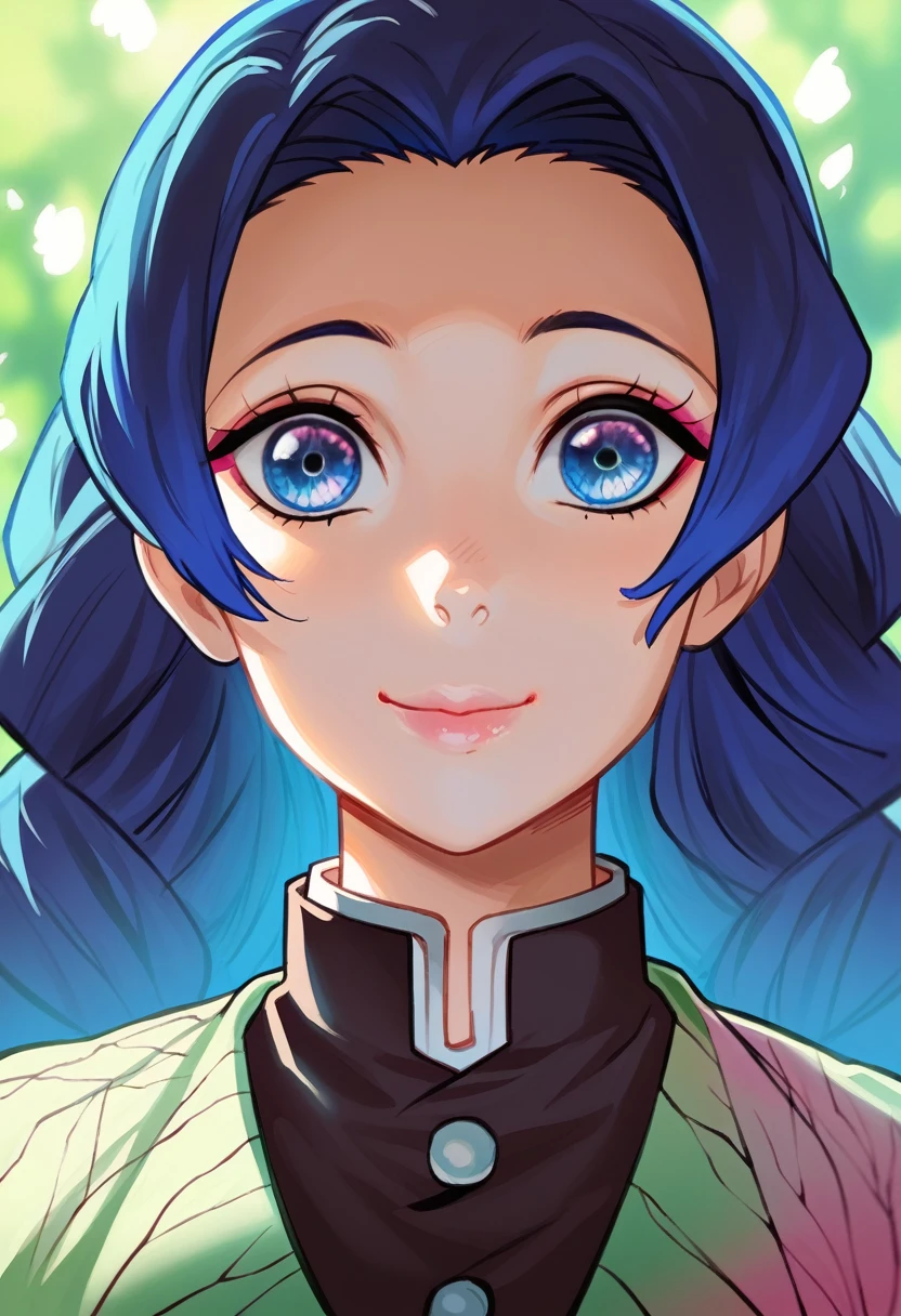 a cartoon character from Demon Slayer, 1girl, beautiful detailed eyes, beautiful detailed lips, extremely cute, smile cute, black and BLUE hair, BLUE Eyes,  usando uma saia, e vestindo um, olhos azuis oceano, fundo de dia, background light day Forest. Kimetsu no Yaiba/Demon Slayer 