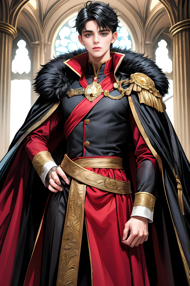 
masterpiece, 最high quality, high quality, 1 boy, alone, Male focus, Watching the audience,  Messy black hair, Adorable big blue eyes, White people, Noble, Noble,A sexy, voluminous, puffy cape、vampire、A very voluminous, large, very large, very large, long, long red and black cape with a high stand-up collar, made of a lot of fabric that reaches down to the floor., 17 years old,Cute beautiful boys,Cute, cute, kind, handsome guy