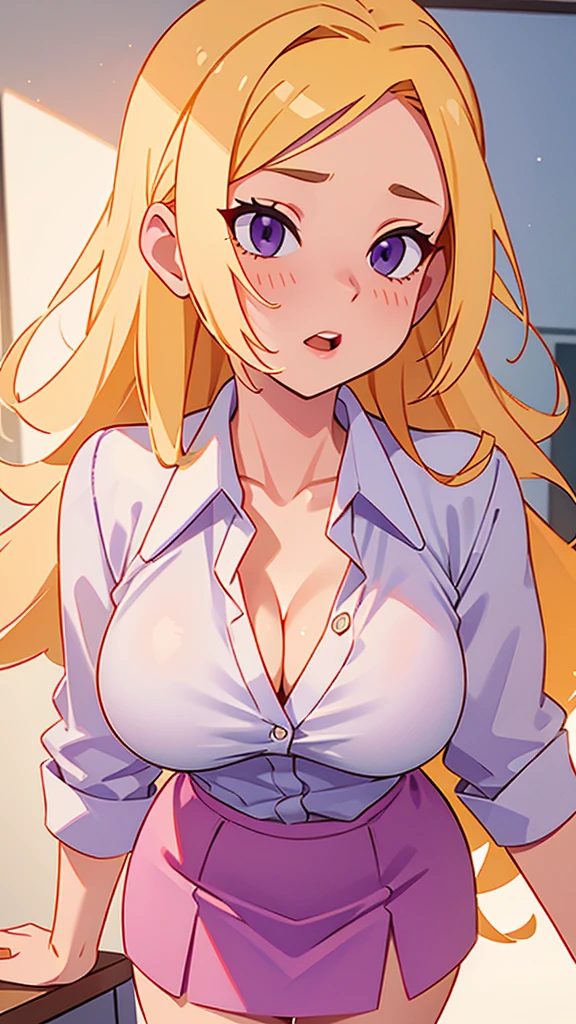 A sexy sensual woman big breast beautiful beautiful attraction long blonde yellow hair her gray eye wears white button-down shirt office shows breast red bra and a short purple skirt