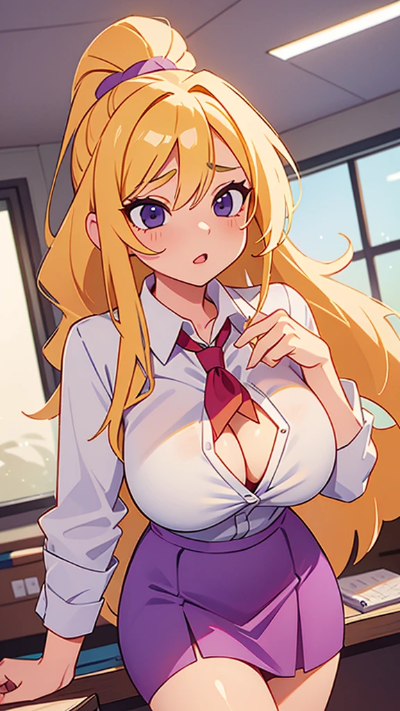 A sexy sensual woman big breast beautiful beautiful attraction long blonde yellow hair her gray eye wears white button-down shirt office shows breast red bra and a short purple skirt