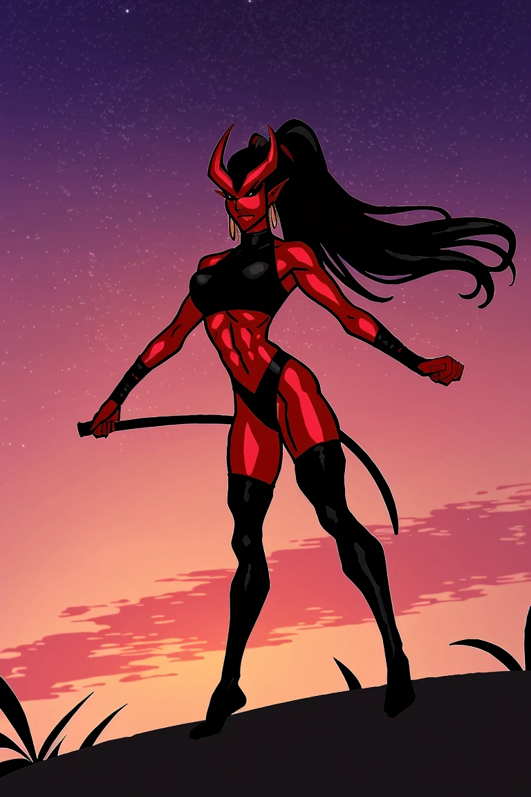 Red skin succubus tiefling, medium breasts, black horns, wings, huge tail, black leather, crop top, long flowing pelvic curtain, tall, toned, graceful, thin, long black ponytail. Action scene, whip. Dark scene, explosions, night sky.