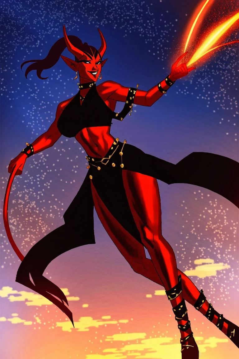 Red skin succubus tiefling, medium breasts, black horns, wings, huge tail, black leather, crop top, long flowing pelvic curtain, tall, toned, graceful, thin, long black ponytail. Action scene, whip. Dark scene, explosions, night sky.