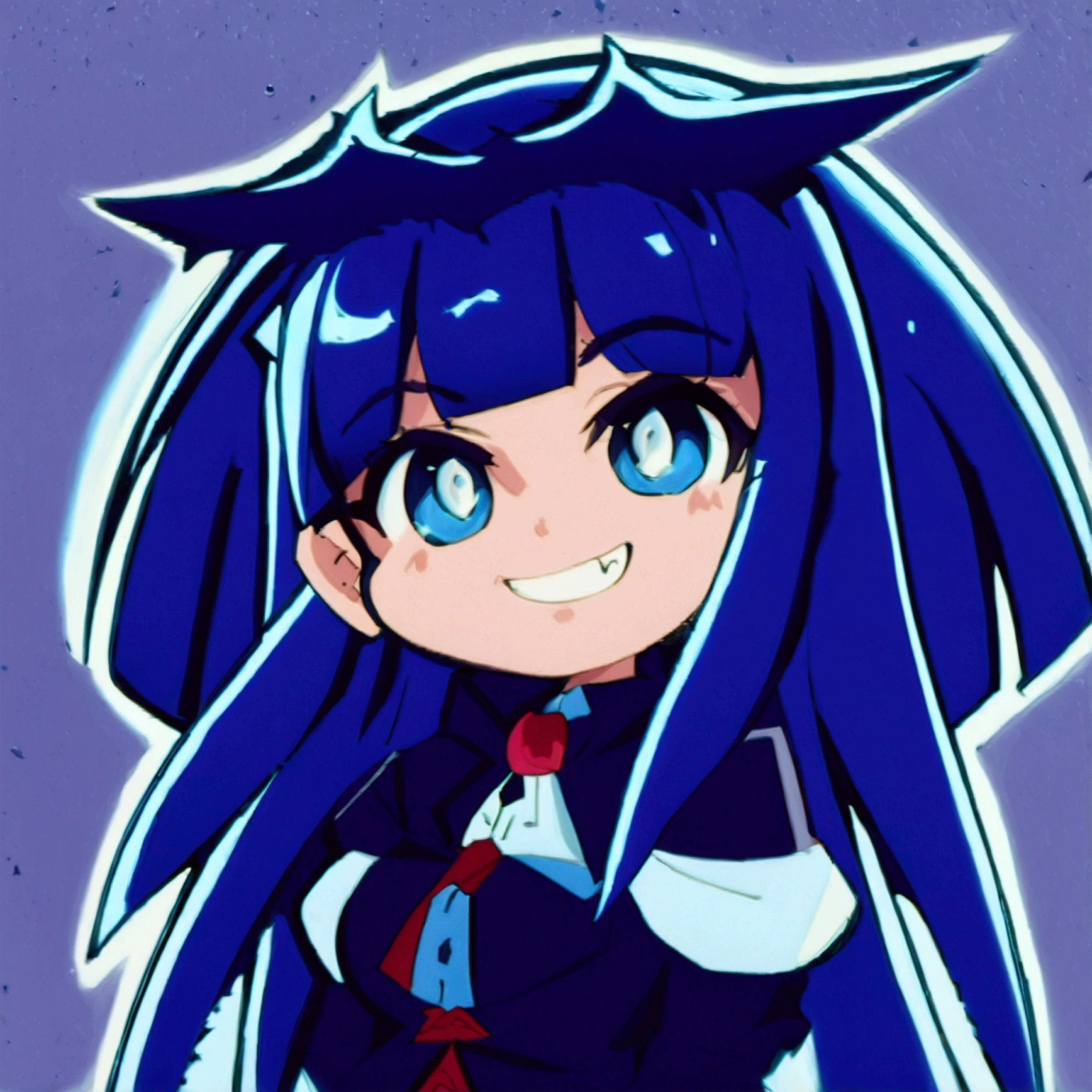 Close-up of a cartoon character with blue hair and blue outfit, anime moe artstyle, 2D anime style, [[[[grinning evilly]]]], , cel - shaded art style, I&#39;ll do fanart too, nasty grin, hero 2d fanart art, chibi, vampire