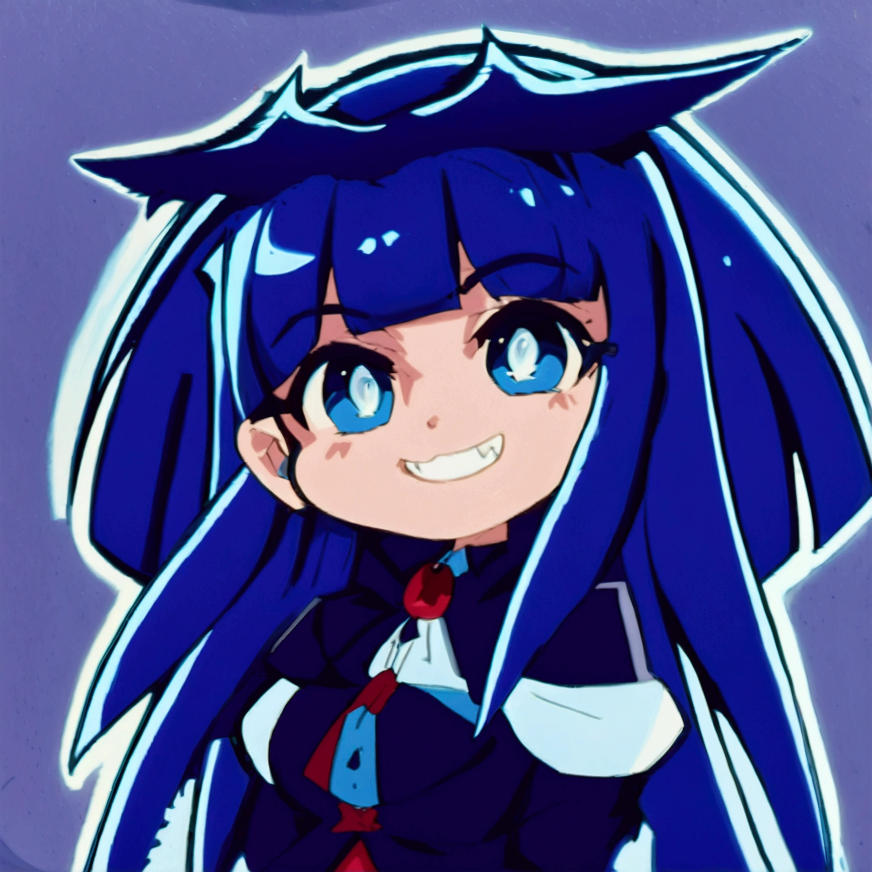 Close-up of a cartoon character with blue hair and blue outfit, anime moe artstyle, 2D anime style, [[[[grinning evilly]]]], , cel - shaded art style, I&#39;ll do fanart too, nasty grin, hero 2d fanart art, chibi, vampire