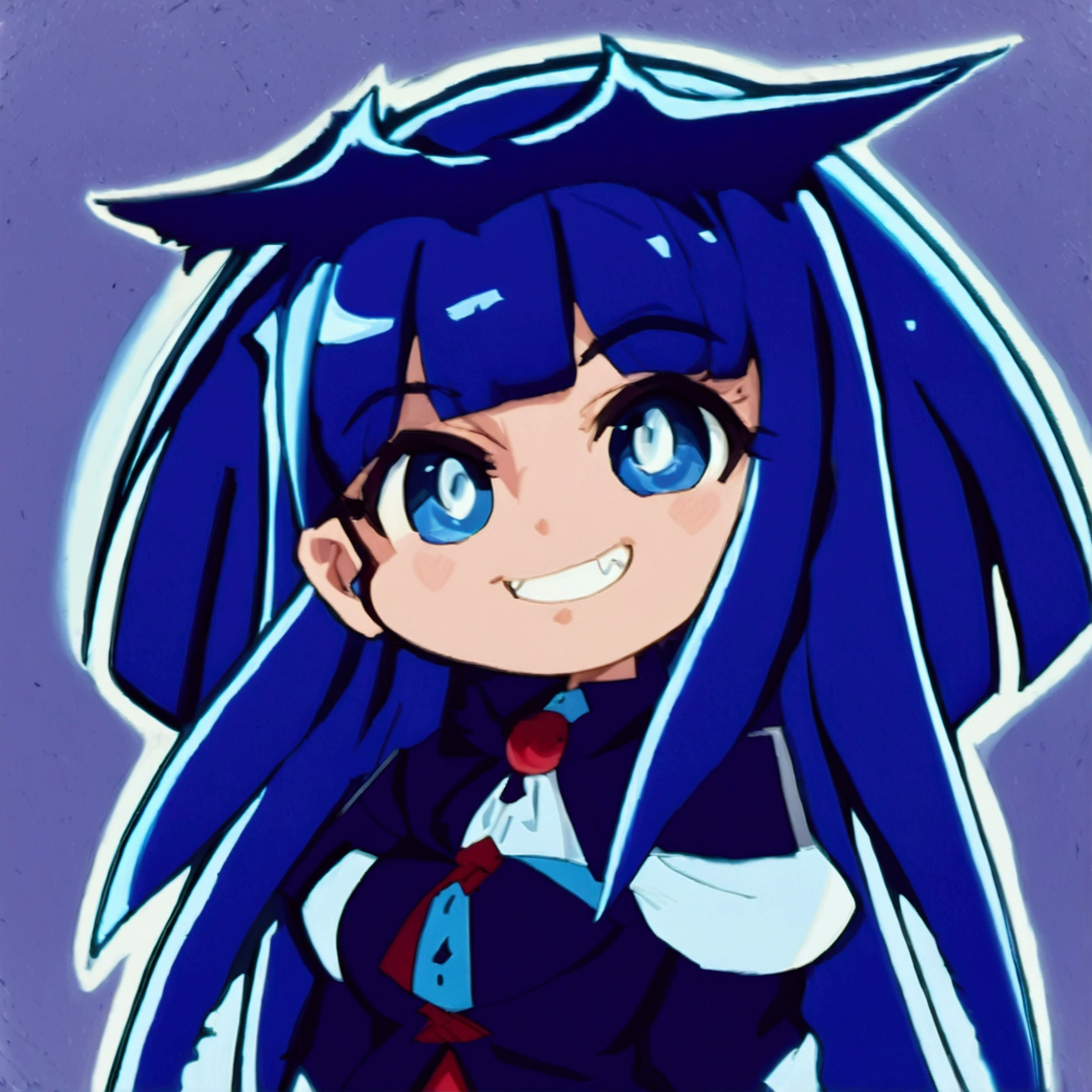 Close-up of a cartoon character with blue hair and blue outfit, anime moe artstyle, 2D anime style, [[[[grinning evilly]]]], , cel - shaded art style, I&#39;ll do fanart too, nasty grin, hero 2d fanart art, chibi, vampire