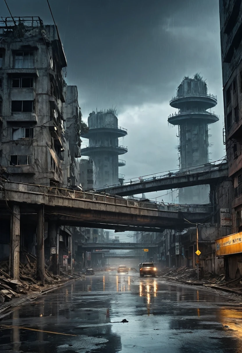 Image from a height of 200 meters, a curved viaduct made of gray concrete in ruins, supported by wide and tall pillars of cars passing over the center of a modern ultra futuristic abandoned city, com carros e ônibus rusty, rusty, sujos e rusty, upside down in the street, has dirty modern round and circular buildings in ruins and collapsing, cyberpunkstyle, gray environment, night sky, tenebrosa, the night, image with shades of gray, rain and puddles of water on the ground, Science fiction, Nuclear apocalypse with smoke from buildings, madmax style,  urban scenery with poles with traffic lights turned off falling and wires from poles lying on the ground,  there is a rusty wire fence around the buildings, There are billboards and lights that are turned off and fallen from buildings, many buildings collapsing on the horizon, There are collapsed buildings;, rubble and trash in the streets, there&#39;s a girl dressed dirty, torn clothes and hood walking down the street looking at the horizon, as realistic as possible, high qualiy, 4K, hyperdetailed