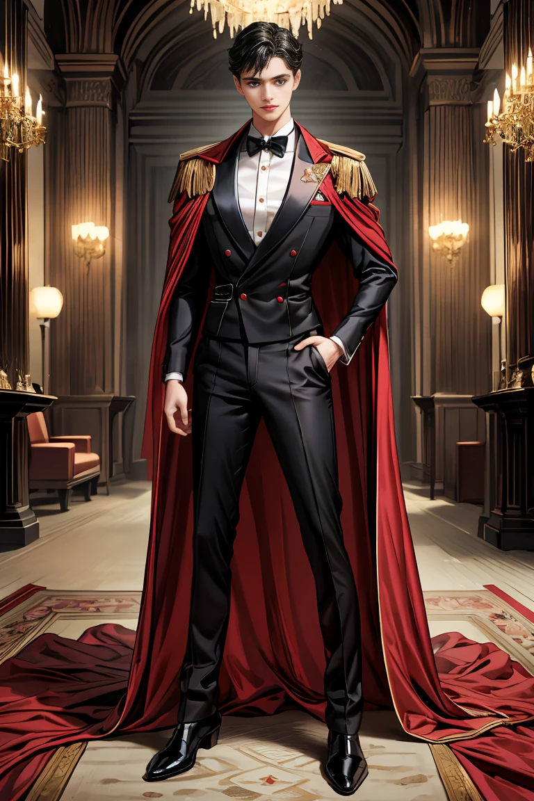 masterpiece, 最high quality, high quality, 1 boy, alone, Male focus, Watching the audience, Messy black hair, Adorable big blue eyes, White people, Noble, Noble,Sexy super volume and super long black and red cape、Tuxedo、A very voluminous, large, very large, very large, long, long red and black cape with a high stand-up collar, made of a lot of fabric that reaches down to the floor., ,Cute beautiful boys,Cute, cute, kind, handsome guy