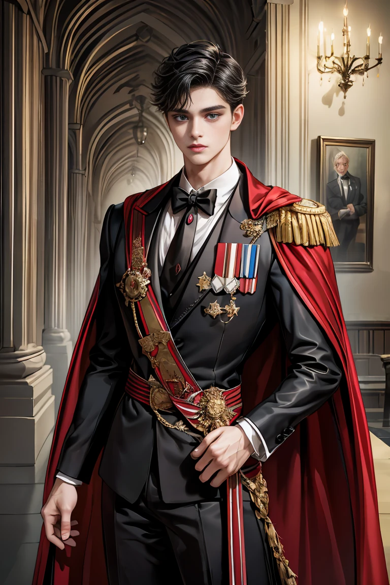 masterpiece, 最high quality, high quality, 1 boy, alone, Male focus, Watching the audience, Messy black hair, Adorable big blue eyes, White people, Noble, Noble,Sexy super volume and super long black and red cape、Tuxedo、A very voluminous, large, very large, very large, long, long red and black cape with a high stand-up collar, made of a lot of fabric that reaches down to the floor., 17 years old,Cute beautiful boys,Cute, cute, kind, handsome guy