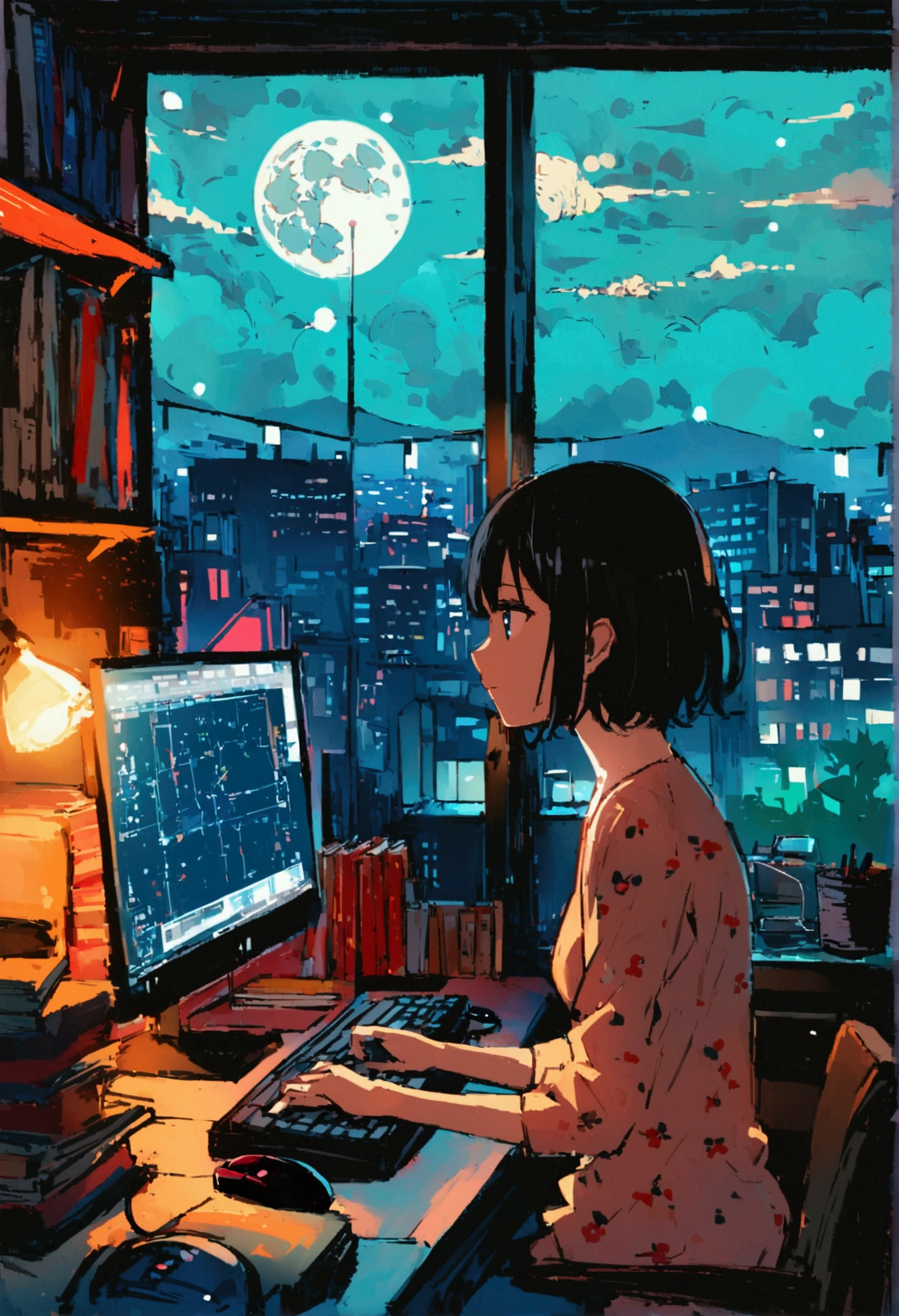 anime、日本anime、A female programmer in her 20s、Draw a scene where you are working in your room at home。She has a short hairstyle、Concentrating and staring at the computer screen。The room is dark because it's night.、keyboard on the desk、mouse、There are also several programming related books.。In the background of the room、I can see the moonlight and city lights from the small window.、Soft light from a desk lamp illuminates her workspace.。This illustration、It expresses the atmosphere of a woman immersed in coding alone on a quiet and calm night.。