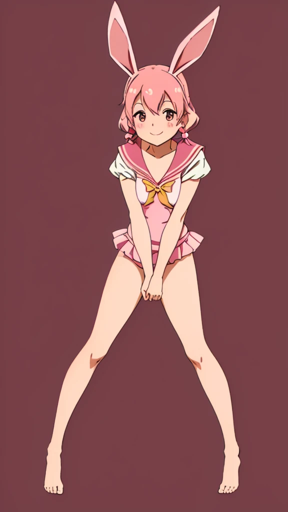 ((masterpiece))((Highest quality))Rabbit Ears、girl、smile、blush、Flat Chest、Are thin、Pink Hair、blush、Are standing、Whole body image、Even your toes are visible、Eye level on face、front、No background、Rabbit Pose、真frontのアングル、Pigtails、Sailor clothing