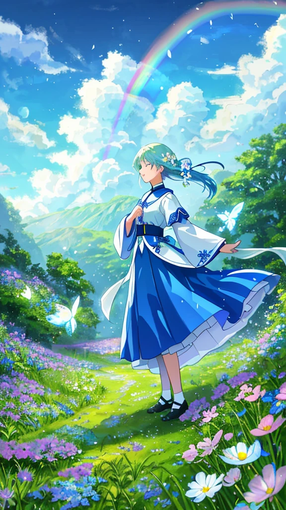 The early evening after the rain，The sky was washed blue，A few white clouds float leisurely。Rainbow across the sky，Adding a touch of fantasy to the world。In humid air，The aroma of soil and the scent of grass interweave，Fresh and pleasant。By the trail，Wild flowers swaying in the breeze，Butterflies dancing among flowers。