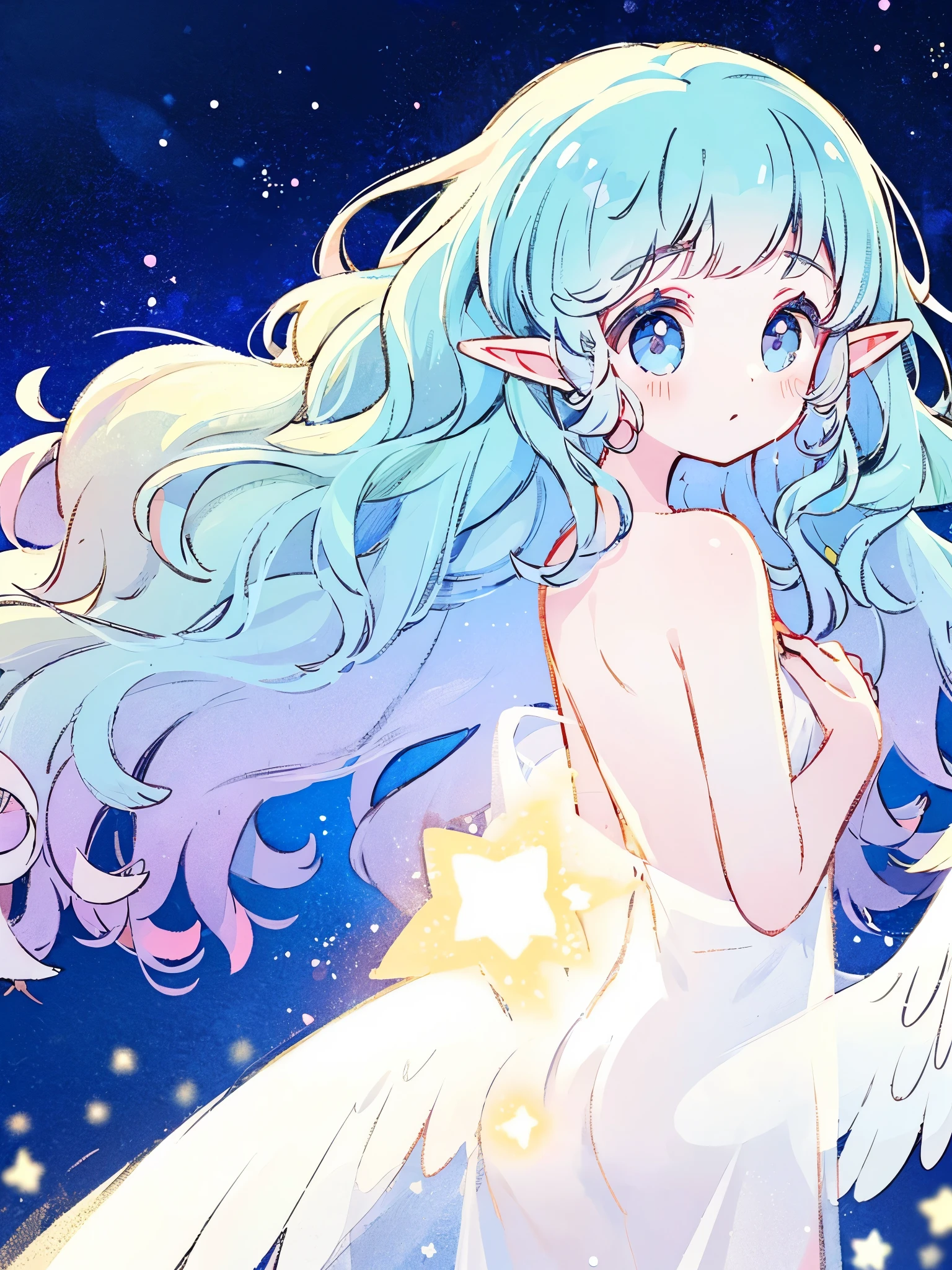 nude elf angel girl wearing an ethereal translucent dress, pale skin, ((blue mint wavy hair)), white feathers, angel wings, sparkling detailed eyes, golden ratio face, perfect composition, highly detailed, ethereal, (starry night sky background), midjourney style