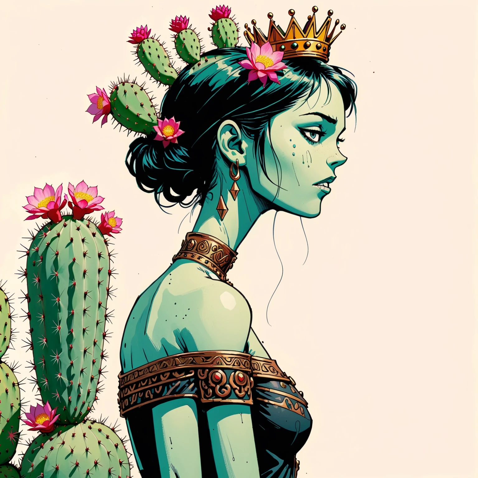 illustrate cactus princess, film screengrab, minimal, serene, perfect, strange, candid, cinematic, surreal, anthropomorphic cactus princess with crown of ornate cactus flowers (ladyfingers and opuntia, vibrant), , realism, photographed, timeless, lost in space, liminal, blank canvas, abstract, nuanced, clearly cartoon distinct, An over the shoulder sketch in the style of Jamie Hewlett and Joelle Jones, with 90s comic aesthetics, expressive ink work, cinematic compositions, and nuanced details.