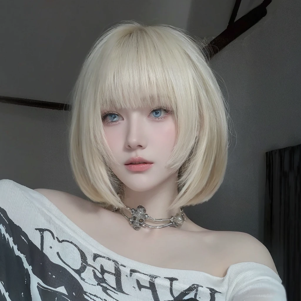 White-blonde beauty with short hair,Natural and beautiful hair,Background mysterious senior