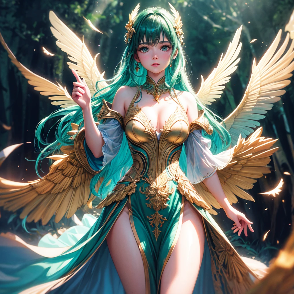 A graceful female figure，There is a delicate one, Glowing Wings, Surrounded by light, Magical creatures in the enchanted forest - subsurface skin scattering, Glowing skin, iridescent dress, Detailed background, ([Elizabeth Olsen|Anne Hathaway|Selena Gomez]:0.8), Round cute face, Green Eyes, close up, Stunning fine details, Nikon D850 film stock photos Kodak Portra 400 camera f1.6 shots, Rich colors, Lifelike textures, Dramatic Lighting, Unreal Engine, Popular on ArtStation, CineStill 800 Tungsten