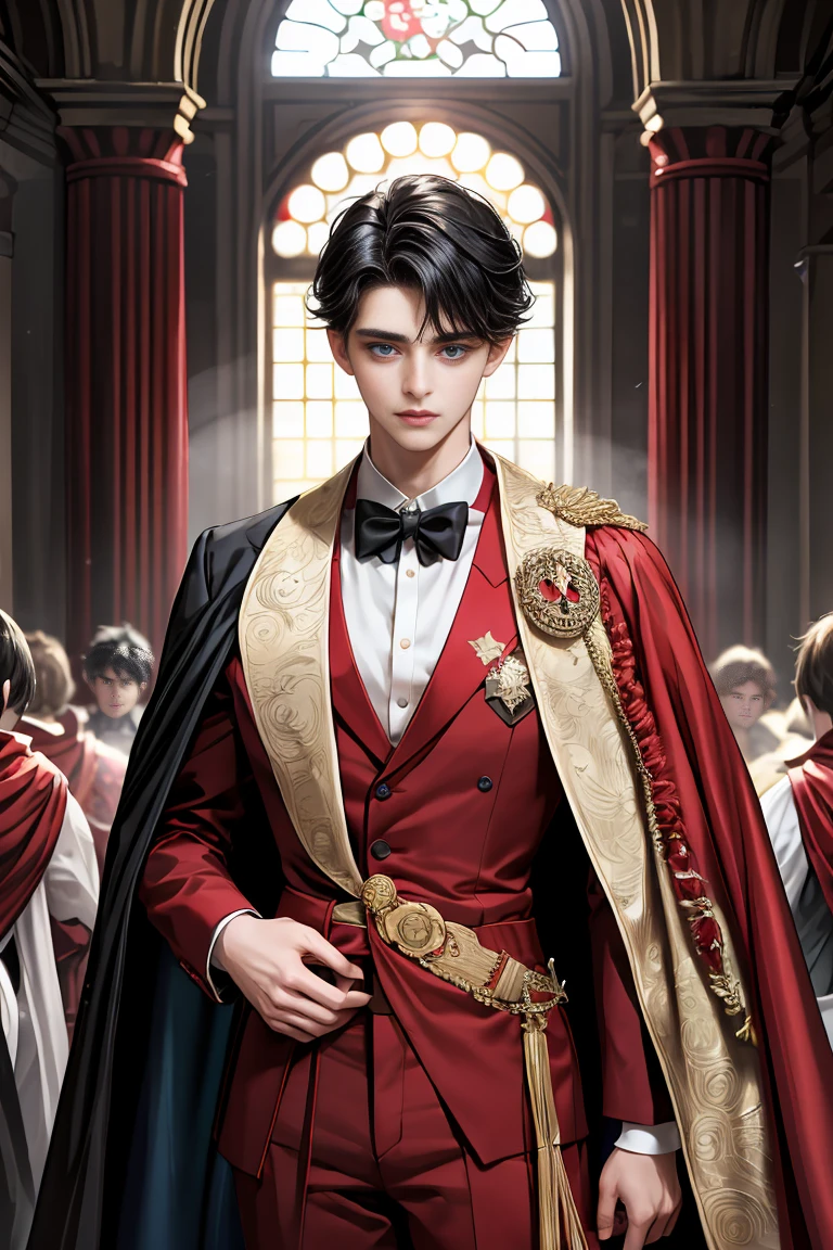 masterpiece, 最high quality, high quality, 1 boy, alone, Male focus, Watching the audience, Messy black hair, Adorable big blue eyes, White people, Noble, Noble,A black and red cape bursting with sexy volume、Tuxedo、A very voluminous, large, very large, very large, long, long red and black cape with a high stand-up collar, made of a lot of fabric that reaches down to the floor., 17 years old,Cute beautiful boys,Cute, cute, kind, handsome guy
