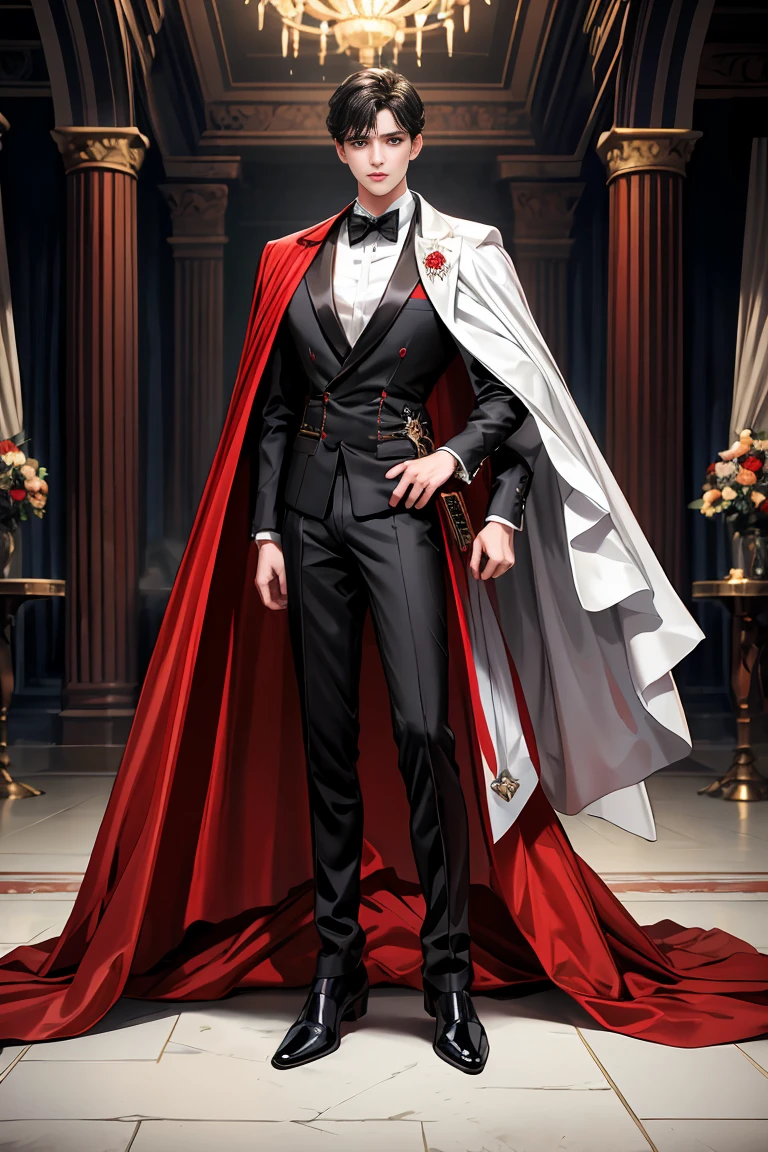 masterpiece, 最high quality, high quality, 1 boy, alone, Male focus, Watching the audience, Messy black hair, Adorable big blue eyes, White people, Noble, Noble,A black and red cape bursting with sexy volume、Tuxedo、A very voluminous, large, very large, very large, long, long red and black cape with a high stand-up collar, made of a lot of fabric that reaches down to the floor., 17 years old,Cute beautiful boys,Cute, cute, kind, handsome guy