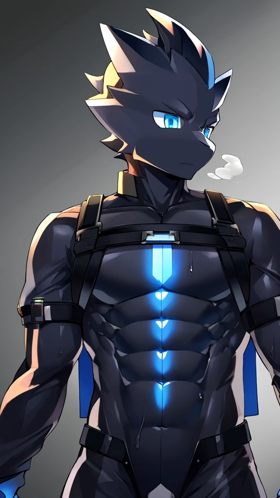 Thin macho western black dragon abs Hollow abs body suit thick arms chest rig 、sweaty skin glow profile Wearily short of breath Chemo shota
have a blue eyes Tired look jacket