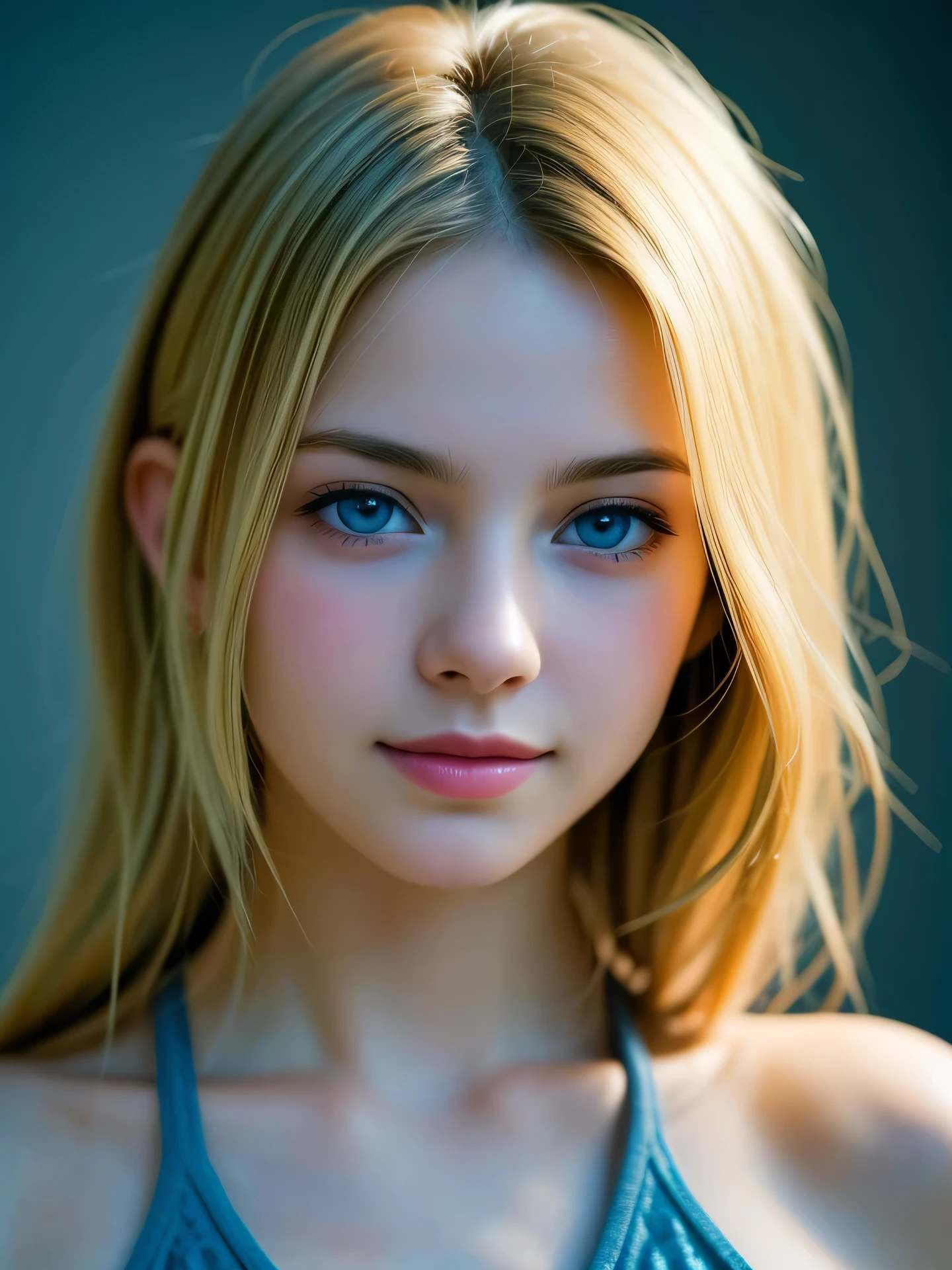 (Photo Real:1.4), (hyper realisitic:1.4), (Smooth lighting:1.05), 1 girl, teenager, blue eyes, happy, shy, smile, (looking away:1.2), Close-up of the face, Soft lighting, Back lighting, (Finest Real Textured Skins), Super fine face, glowy skin, retinas, Anatomically correct, (Blonde Wavy medium hair:1.1), Textured skin, High quality, high details, Best Quality, High resolution, tank top