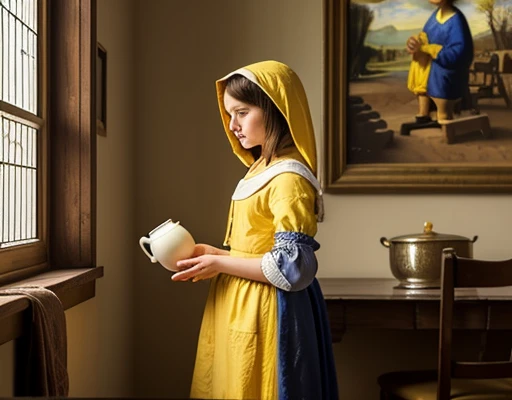 Woman pouring milk,Famous Paintings,Vermeer,Western,indoor,Yellow clothes,White hood,standing on the right