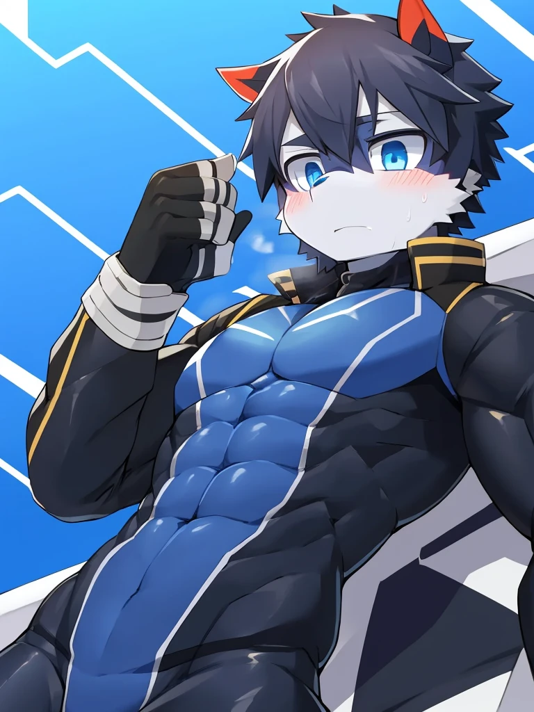 Thin macho　western black dragon　　abs　　　　　Hollow abs　　body suit　　thick arms　　　chest rig　　　、sweaty　　　skin glow　　profile　　Wearily　short of breath　　  　Chemo shota　　
have a 　blue eyes　Tired look jacket　ガットパンチ　ゴーグル