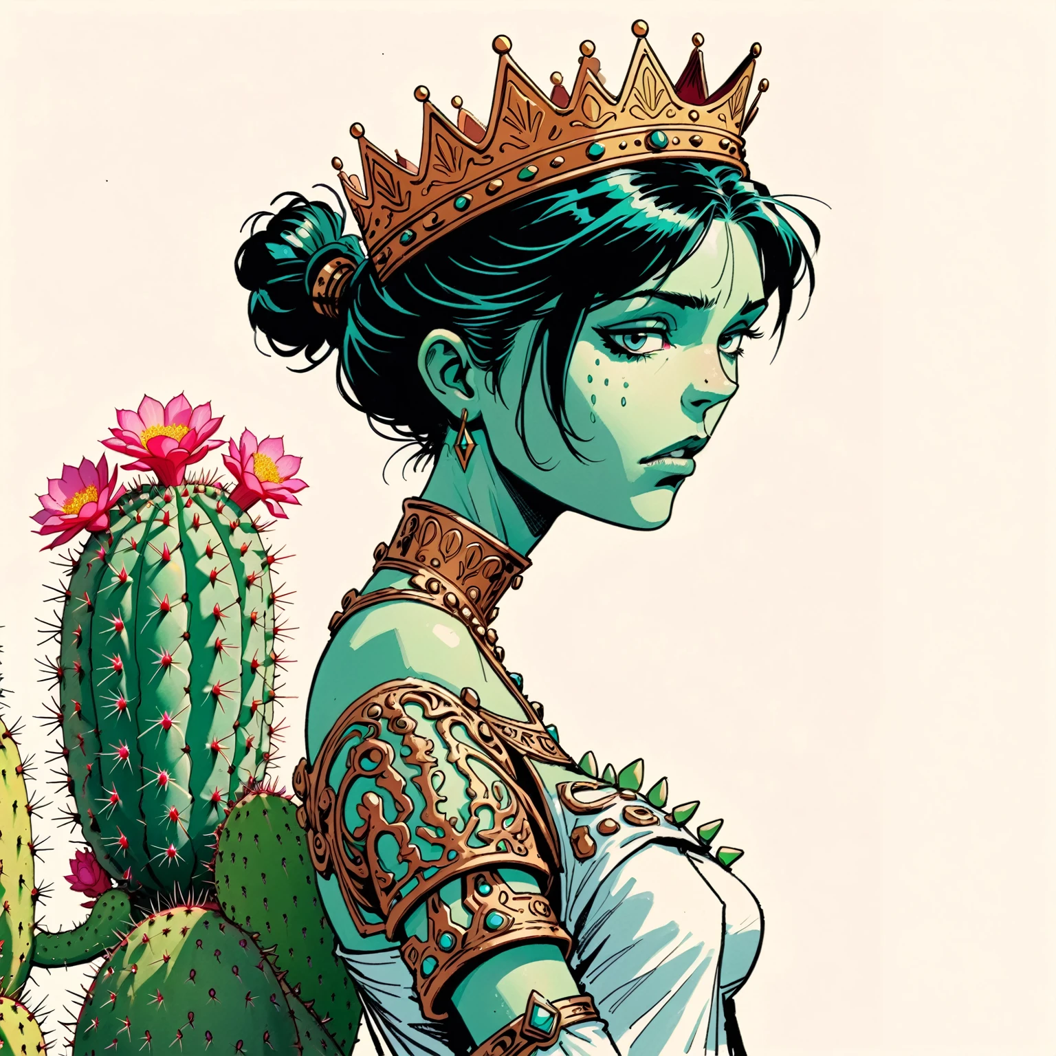 illustrate cactus princess, film screengrab, minimal, serene, perfect, strange, candid, cinematic, surreal, anthropomorphic cactus princess with crown of ornate cactus flowers (ladyfingers and opuntia, vibrant), , realism, photographed, timeless, lost in space, liminal, blank canvas, abstract, nuanced, clearly cartoon distinct, An over the shoulder sketch in the style of Jamie Hewlett and Joelle Jones, with 90s comic aesthetics, expressive ink work, cinematic compositions, and nuanced details.