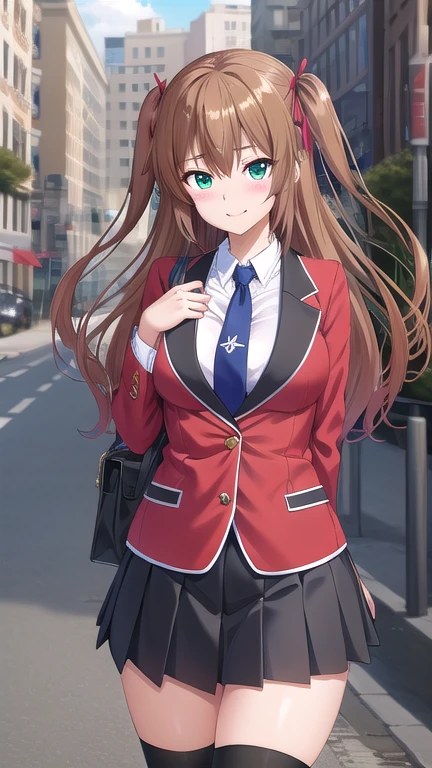 ((masterpiece)),(best quality),official art,extremely delicate and beautiful,extremely detailed CG,unity 8k wallpaper,ultra detailed,beautiful detailed eyes,extremely detailed face,outdoors,1girl,solo,cowboy shot,looking at viewer,facing viewer,smile,Tomizawa Erisu,long hair,brown hair,twintails,two side up,hair ribbon,red ribbon,sidelocks,hair between eyes,bangs,green eyes,,red jacket,blazer,buttons,blue necktie,collared shirt,white shirt,large breasts,long sleeves,miniskirt,black skirt,pleated skirt,zettai ryouiki,black thighhighs,loafers,brown footwear,