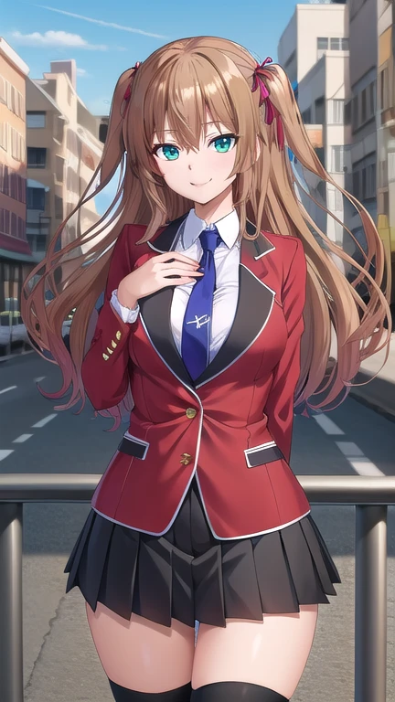 ((masterpiece)),(best quality),official art,extremely delicate and beautiful,extremely detailed CG,unity 8k wallpaper,ultra detailed,beautiful detailed eyes,extremely detailed face,outdoors,1girl,solo,cowboy shot,looking at viewer,facing viewer,smile,Tomizawa Erisu,long hair,brown hair,twintails,two side up,hair ribbon,red ribbon,sidelocks,hair between eyes,bangs,green eyes,,red jacket,blazer,buttons,blue necktie,collared shirt,white shirt,large breasts,long sleeves,miniskirt,black skirt,pleated skirt,zettai ryouiki,black thighhighs,loafers,brown footwear,