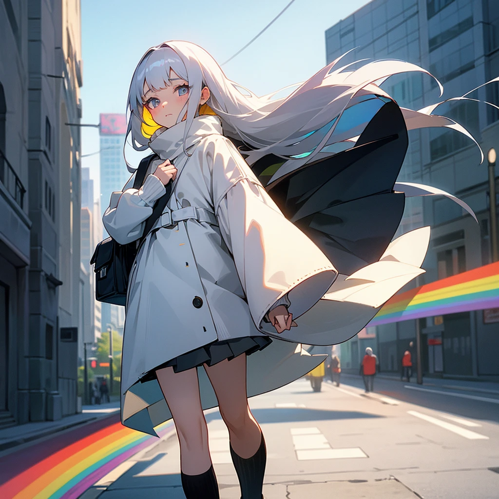 A 16-year-old woman with long white loose hair and no jewelry on her head. In light rainbow eyes, a cute look, wearing a white long-sleeved sweater. Wear a gray short skirt. Carrying a black backpack, walking in  The central city is a bright city background, an Anime masterpiece.
