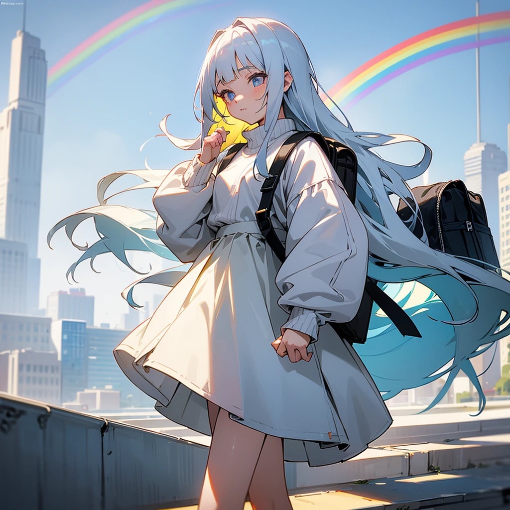 A 16-year-old woman with long white loose hair and no jewelry on her head. In light rainbow eyes, a cute look, wearing a white long-sleeved sweater. Wear a gray short skirt. Carrying a black backpack, walking in  The central city is a bright city background, an Anime masterpiece.