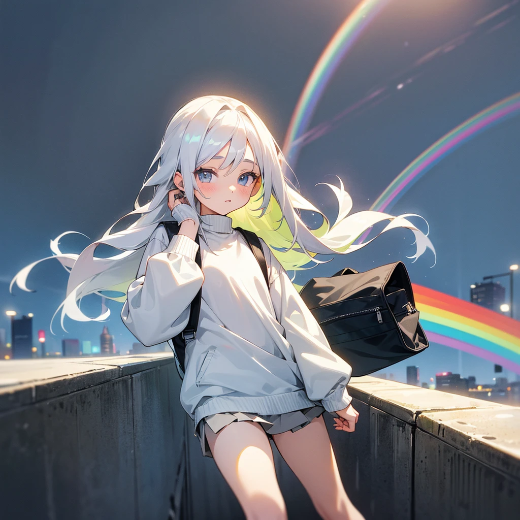 A 16-year-old woman with long white loose hair and no jewelry on her head. In light rainbow eyes, a cute look, wearing a white long-sleeved sweater. Wear a gray short skirt. Carrying a black backpack, walking in The central city is a bright city background, an Anime masterpiece.