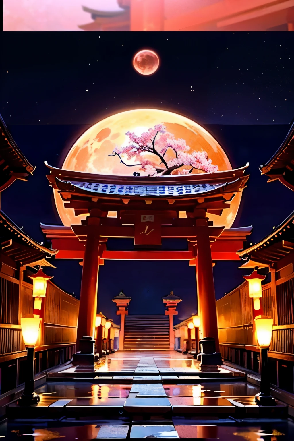 masterpiece，shrine，hope，Positive，beautiful，Large Torii Gate，cherry blossoms ,Night Sky，High resolution, High resolution, 8K, masterpiece2:1,（ Shrine in Kyoto，moon）Back view
