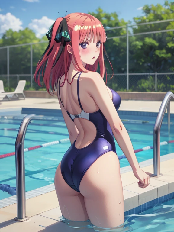 best quality, insanely detailed, nino nakano, one piece swimsuit, breasts, blush, swimming pool, back style