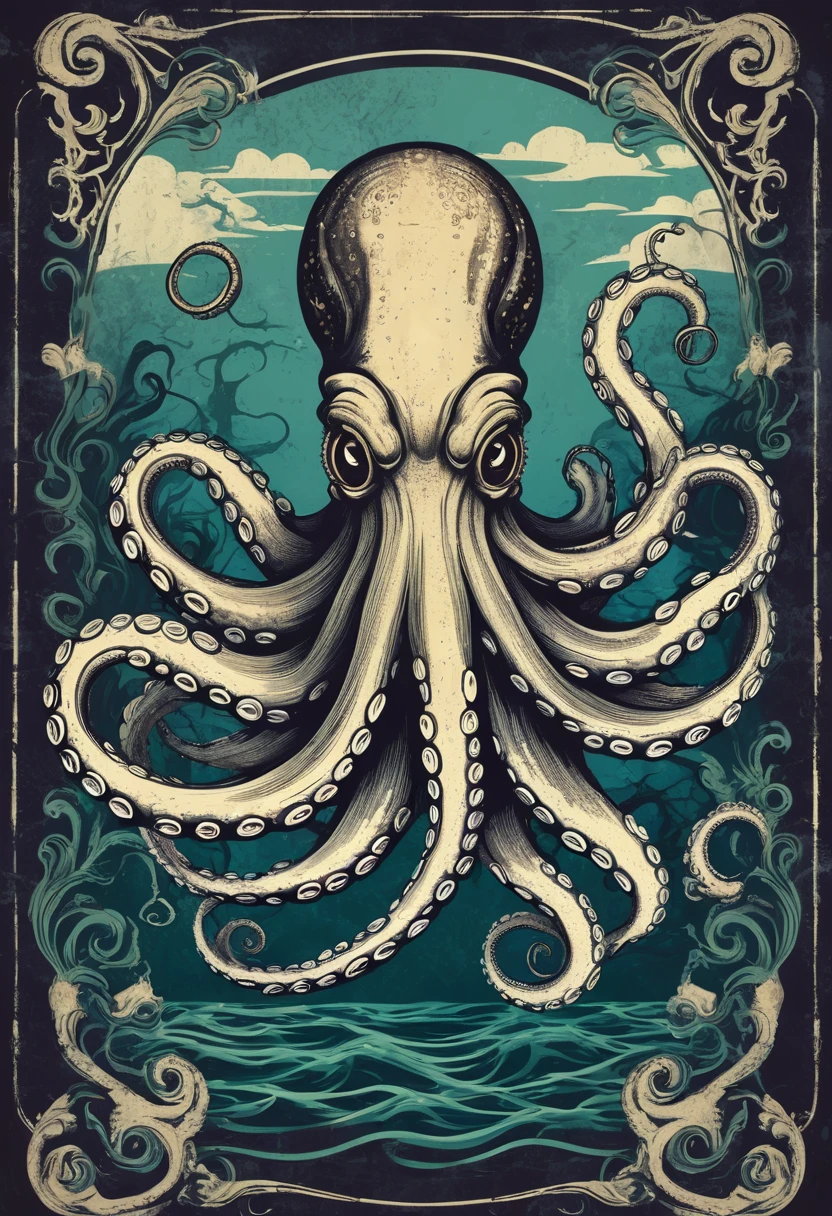 an illustration，Medieval retro style，Nautical theme，Octopus sea monster，Dark background，Retro shabby atmosphere，Caribbean Type