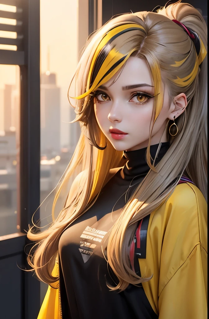Create an anime style character, who has slightly long light brown hair with a yellow streak, yellow eyes, subtle red lips, with a small gray earring (Women