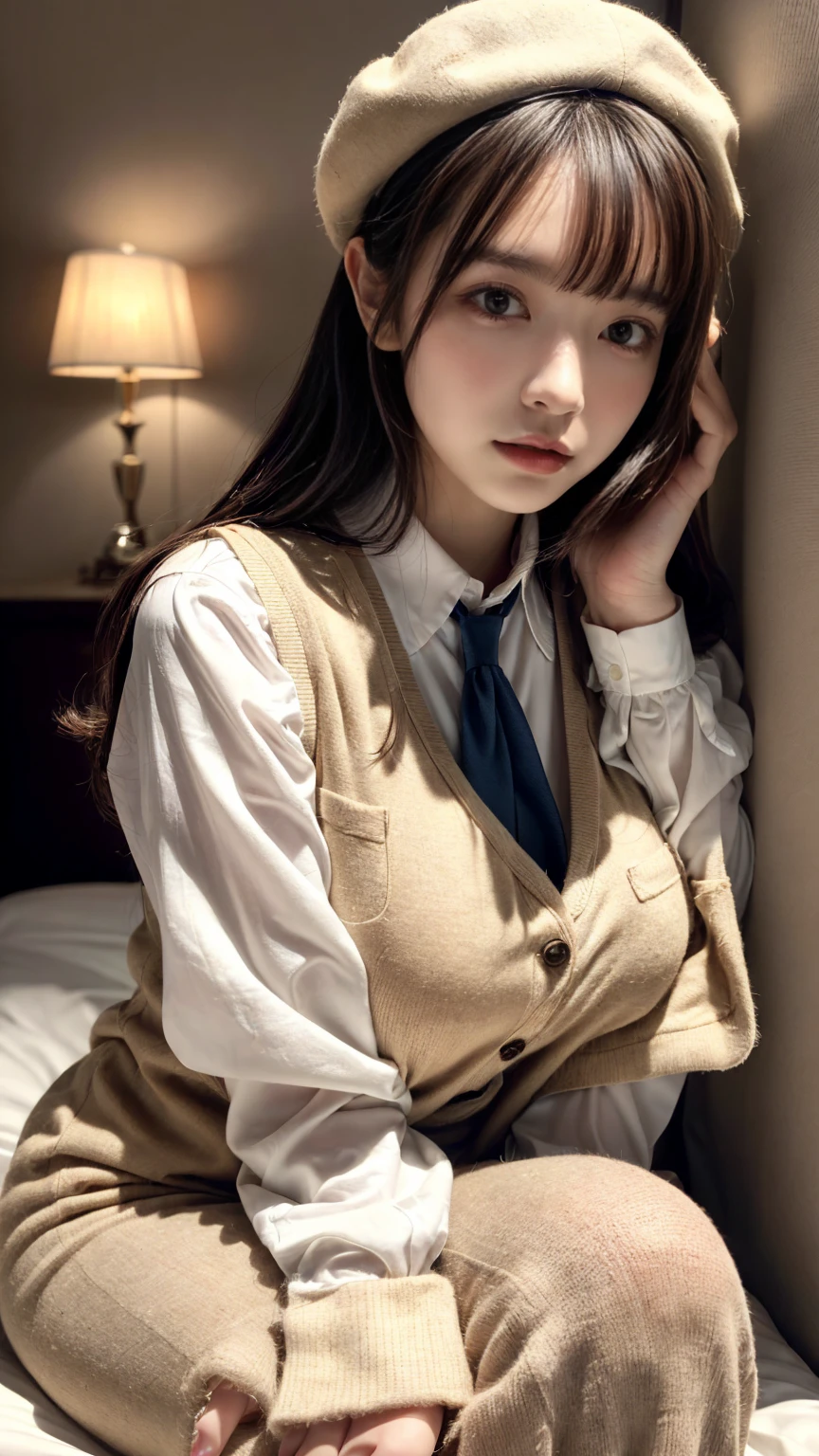 (absurdres:1.3), (highres:1.3), (ultra detailed:1.3),(1girl:1.3), (extremely detailed CG unity 8k wallpaper:1.3), (detailed skin texture, detailed cloth texture, detailed hair texture), (beautiful detailed face, supermodel, pale skin, realistic glistening skin), (RAW photo, best quality), (realistic, photo-realistic:1.4), masterpiece, extremely delicate and beautiful,Amazing, finely detail, extremely detailed CG unity 8k wallpaper, huge filesize, ultra-detailed, highres, absurdres, soft light,rim light, vibrant details, hotel room, straight hair, large breasts, black hair color, Big Natural Color Lip, (perfect body shape), beautiful legs, BREAK (beige theme:1.5), (beige short-culotte:1.4), ((beige vest, arms exposed vest, button):1.3), (long sleeve white shirt:1.4), (necktie:1.2), (beige beret with Ribbon:1.4), (bare legs:1.3), (white socks:1.2) ,(brown loafers:1.3), crying a little、Harajuku style、20 year old girl、cute type、ta、
