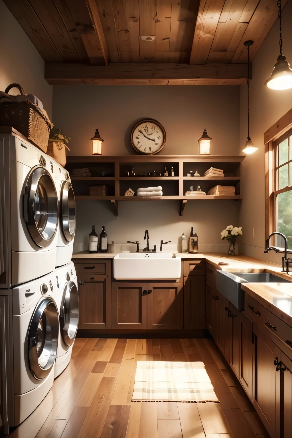 Craftsman's vintage laundry room, showcasing a sturdy, antique-style washing machine nestled within a rustic wooden cabinet. A plush bench, crafted from reclaimed wood, invites weary laundry doers to rest and fold their clothes. A hidden gem lies beneath, revealing a cozy wine cellar, housing an assortment of aged wine bottles, illuminated by soft, warm lights.