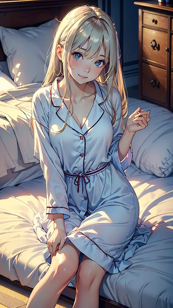 Best quality, Masterpiece, Ultra high resolution, (Photorealistic: 1.4), Raw photo, 1 girl, (Masterpiece, Best quality: 1.2), (1 woman, smile,sleepy, sitting, slim waist, pajamas, light clothing), (Half Japanese, half Russian, double eyelids, white skin), (On bed, selfie, own room), Soft focus, Blur background,