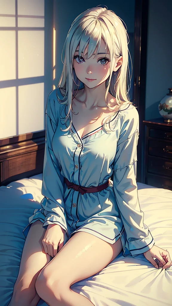 Best quality, Masterpiece, Ultra high resolution, (Photorealistic: 1.4), Raw photo, 1 girl, (Masterpiece, Best quality: 1.2), (1 woman, smile,sleepy, sitting, slim waist, pajamas, light clothing), (Half Japanese, half Russian, double eyelids, white skin), (On bed, selfie, own room), Soft focus, Blur background,