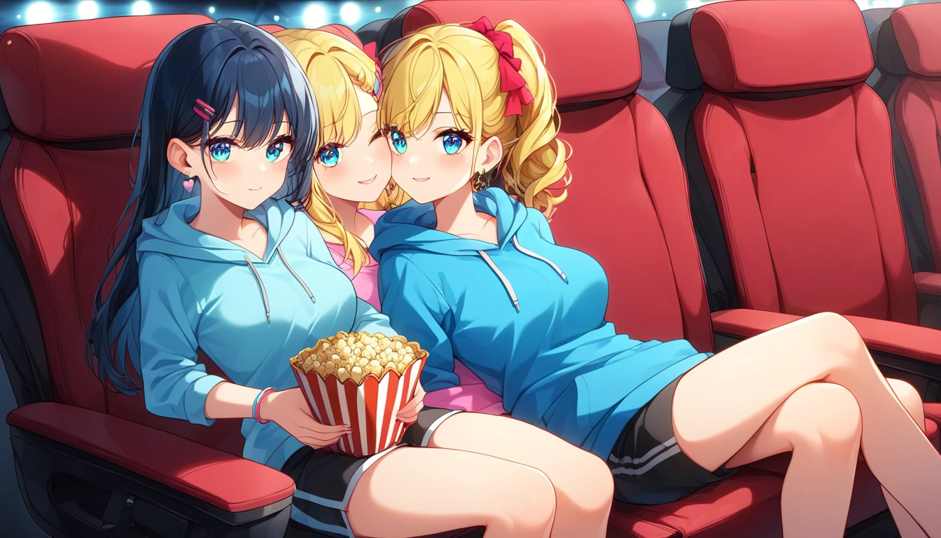 ((2girls:1.3)), ((hoodie:1.3)), ((movie theatre:1.3)), ((full body:1.3)), ((laughing:1.3)), ((full course meal:1.3)), ((moe style:1.3)), ((perfect face)), ((extremely cute:1.3)), ((masterpiece:1.3)), ((8k)), ((best quality:1.3)), ((beautiful)), ((extremely detailed:1.3)) , ((absurdres)), AddXL, ((score_9:1.3)), ((score_8_up:1.3)), ((score_7_up:1.3)), Expressiveh
