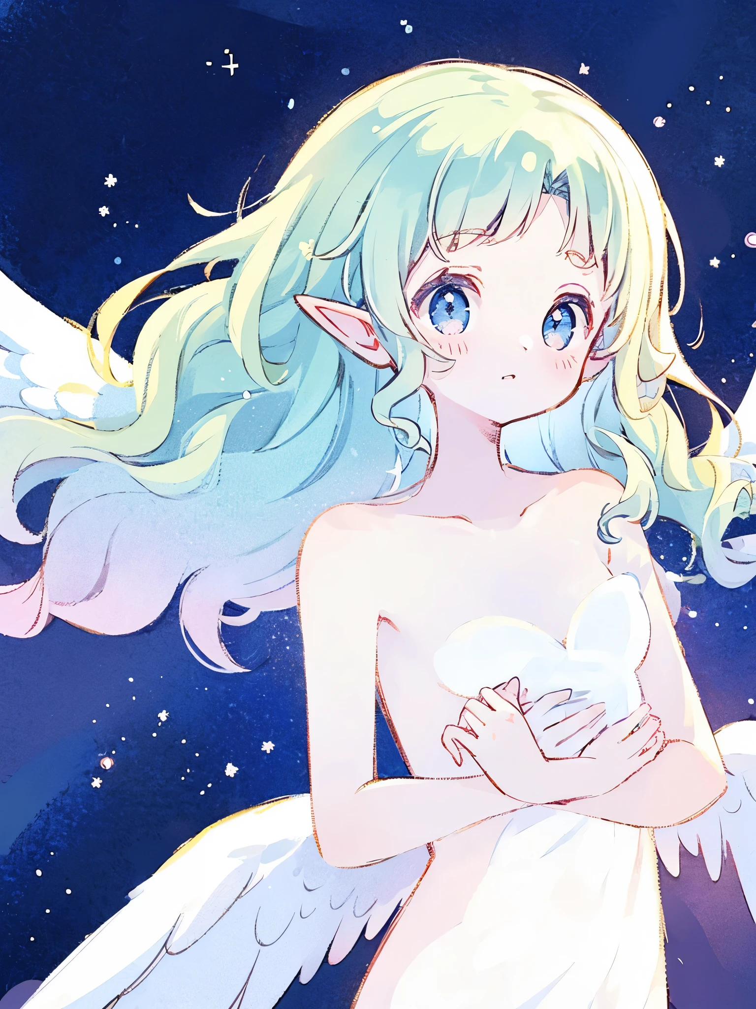 nude elf angel girl wearing an ethereal translucent dress, pale skin, ((blue mint wavy hair)), white feathers, angel wings, sparkling detailed eyes, golden ratio face, perfect composition, highly detailed, ethereal, (starry night sky background), midjourney style