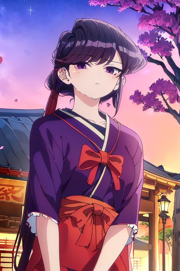(Best Quality, masutepiece),(1girl in, shrine maiden, coat, Facial expression face, shokokomidef, purple hair, purple eyes, long hair, view front, Walking, Upper body), (Stray Sky at night, Huge old tree behind, Pink petals that shine on the back fall, Shrine behind, mountain background, Blowing wind, Meteor clouds)